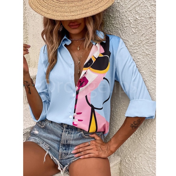 Abstract Pop Art Face Print Blue Button Down Shirt Long Sleeve - Picture 2 of 8